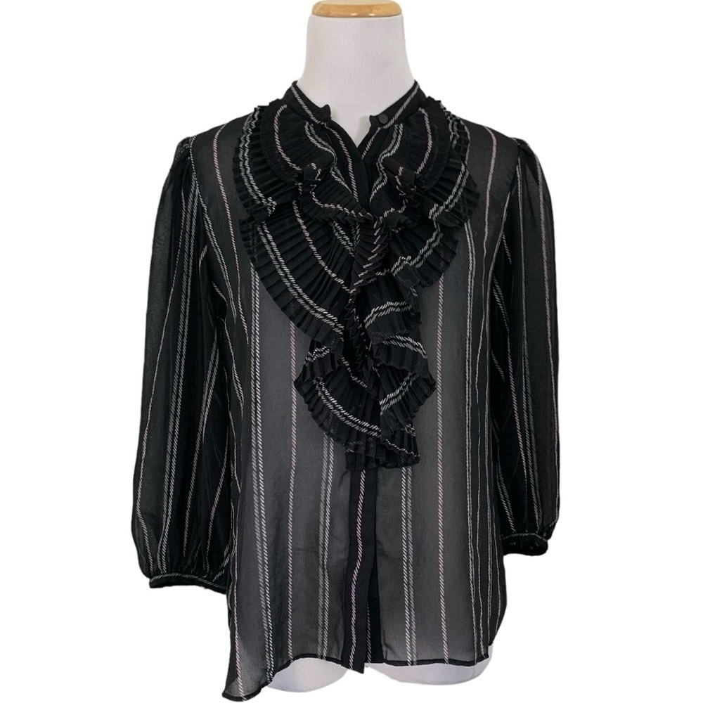 White House Black Market Chiffon Pleated Ruffle Neck Blouse Sz M Black Striped